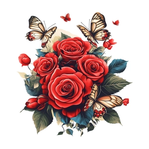 Detailed view of red rose floral wall stickers with butterflies for romantic home decor