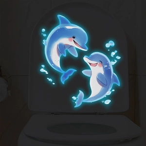 Autocollant de Toilettes Dauphin Cartoon Lumineux Brille Dans Le Noir PVC Imperméable Décalcomanie Murale Salle de Bain Décoration