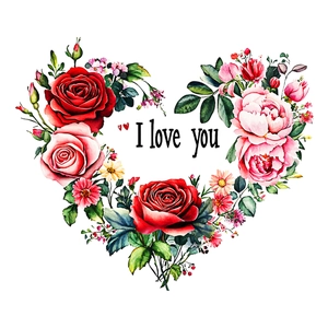 Romantic watercolor floral heart wreath with I Love You text for wall decoration