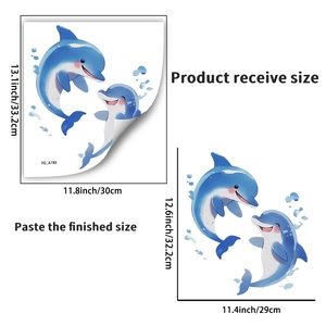 Stickers muraux dauphins lumineux montrant la mise en page et les dimensions du décor