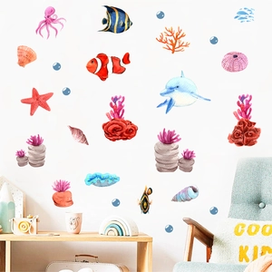 Luminous ocean animal wall stickers with watercolor fish and coral for nursery wall decor
