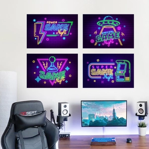 Neon Game Night Wall Stickers PVC Gaming Decals For Game Room Decor With Joystick Arcade UFO Pattern Modern Home Art