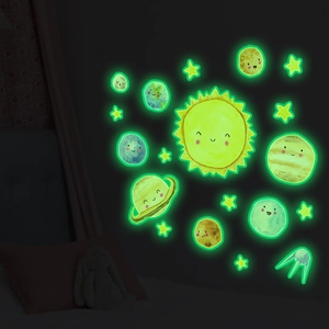 Luminous solar system wall stickers showing a green glow effect in a dark kids room