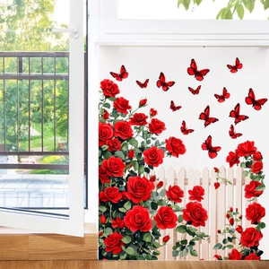 Adesivi Murali Con Rose Rosse E Farfalle PVC Decalcomanie Floreali Rimovibili Per San Valentino Camera Da Letto Casa