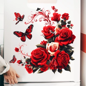 Detailed view of red rose wall decals with flying butterflies on a white surface