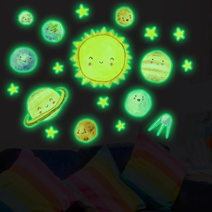 Luminous solar system wall stickers featuring cartoon planets and stars in a dark nursery