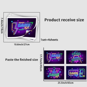 Size guide for neon game wall stickers showing 4 sheets layout and 45x65cm display area