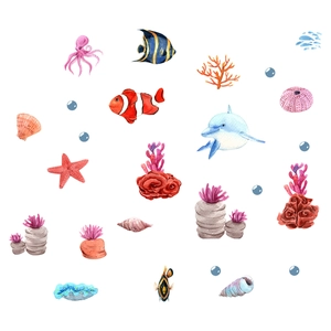 Luminous ocean animal wall stickers with watercolor fish coral and dolphin decals