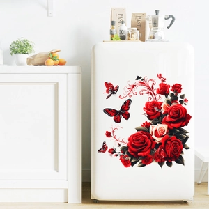 Detail showing red rose and butterfly wall decals on a modern minimalist refrigerator