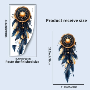 Detailed size specifications for dreamcatcher wall decal with sun and blue yellow feathers