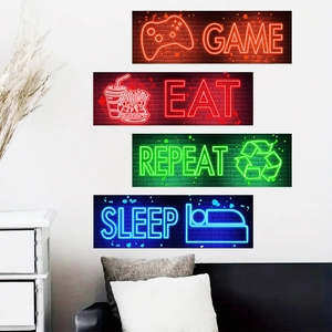 Set of 4 neon style Game Eat Sleep Repeat wall art canvas prints for game room decor
