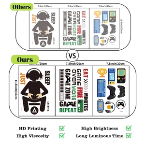 Detailed view of three gaming wall stickers with glowing Eat Sleep Repeat game controller icons