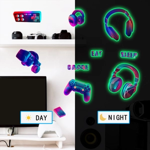 Luminous game room wall decals showing neon day and night fluorescent glowing effects