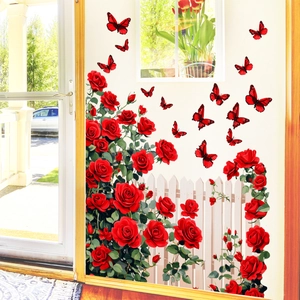 Adesivi murali rose rosse 3D con farfalle e recinto per decorazioni domestiche romantiche
