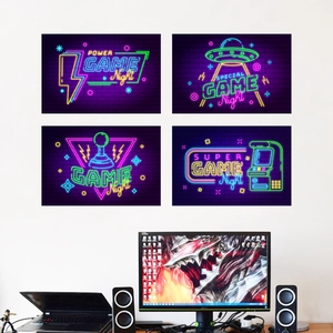 Neon game night wall stickers with joystick and UFO designs for gaming room decor