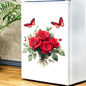 Detailed view of red rose wall decals and butterfly stickers applied to a white fridge