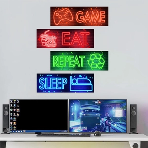 Neon style Game Eat Sleep Repeat wall art stickers set for gaming room decor