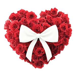 Detailed heart-shaped red rose floral wall decal with a white satin bow for romantic decor