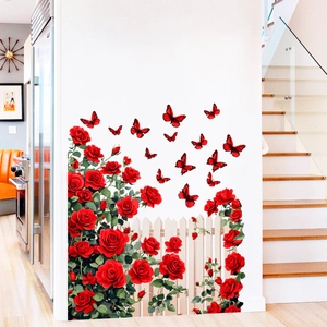 Adesivi murali rose rosse con staccionata bianca e farfalle per San Valentino