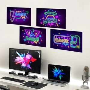 Neon Game Night wall decals set with UFO and controller icons on purple brick wall