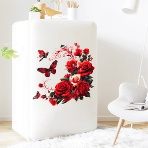 Detailed wall sticker featuring vivid red rose bouquets and butterflies on white furniture