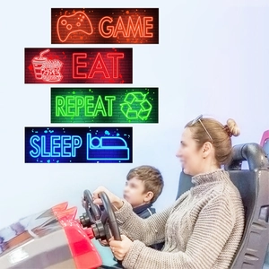 Neon style LED wall signs for game rooms featuring Eat Sleep Repeat Game icons