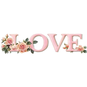 Romantic pink LOVE wall sticker with vintage roses and floral heart bow design