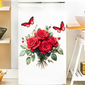Detailed view of red rose and butterfly wall stickers applied on a white refrigerator surface