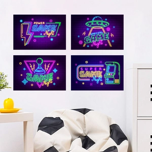 Neon game night wall posters set with joystick and UFO designs for room decoration