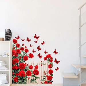 Adesivi murali con rose rosse e farfalle con recinto bianco per decorazione interna