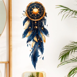 3D dreamcatcher wall sticker with sun disc and blue golden feathers on white wall