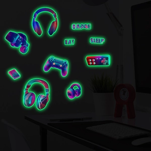 Neon glow gaming wall stickers with headset, controller icons for bedroom decor