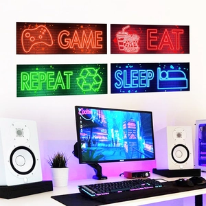 Neon game room wall decor set including Game, Eat, Repeat and Sleep themed visual signs