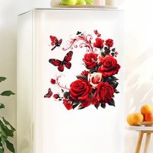 Detail of red rose wall decals with butterflies applied on a white refrigerator