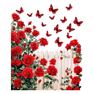 Adesivi murali rose rosse con farfalle e staccionata per decorazioni pareti romantiche