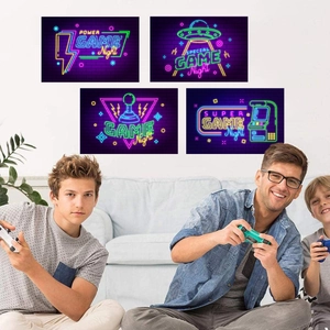 Set of four neon style Game Night canvas wall posters for modern gaming room decor