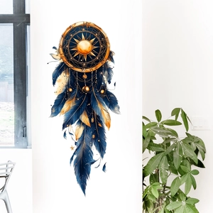 3D solar dreamcatcher wall decal with blue and gold feathers for home decoration