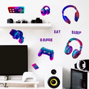 Detail of neon gamer wall decals featuring headphones, VR headset, and gamepad icons