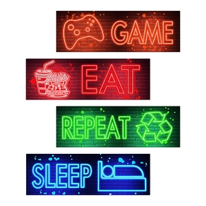 Neon style gaming wall decals featuring Eat Sleep Game Repeat icons on dark brick background
