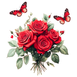 Detail showing vibrant red rose bouquet wall stickers with leaves and delicate butterflies