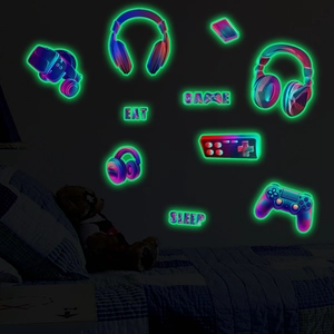 Neon game wall stickers with glowing headphones and controller for bedroom decor