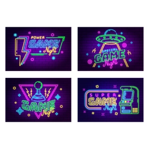 Retro neon Game Night wall stickers set with arcade motifs on purple brick background