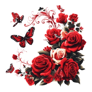 Romantic red rose wall stickers with red butterflies and elegant scroll leaf patterns