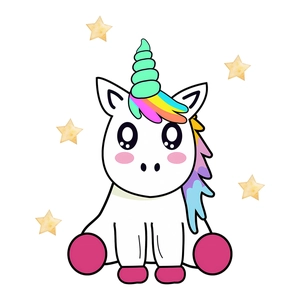 Cute cartoon unicorn wall sticker with colorful rainbow mane and yellow stars decor