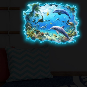 3D glowing ocean wall decals featuring dolphins and turtles for kids room decoration