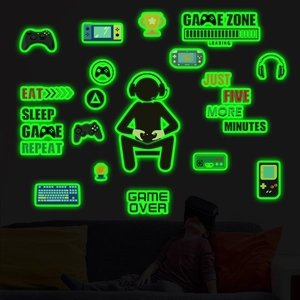 Luminous game zone wall stickers featuring gaming controllers and VR player in dark green glow