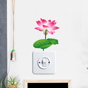 Luminous lotus flower wall sticker and green leaves for home light switch decoration