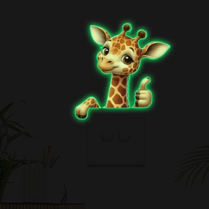 Luminous giraffe wall sticker showing bright green glow on light switch in dark room