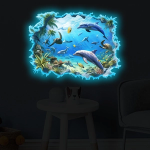 Glow-in-the-dark 3D underwater sea stickers showing turtles and fish with blue neon light