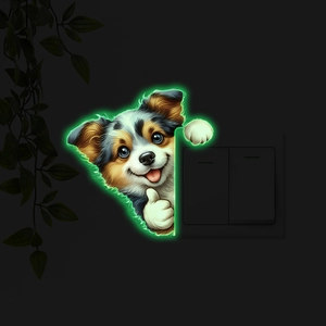 Glow-in-the-dark wall sticker featuring a cute dog giving a thumbs up by a light switch